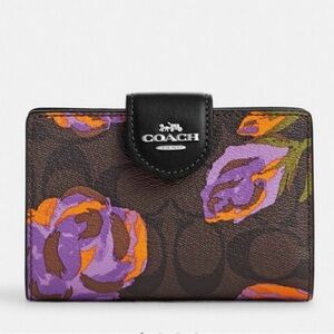 NWT Coach Medium Corner Zip Wallet in Signature Canvas with Rose Print CL675